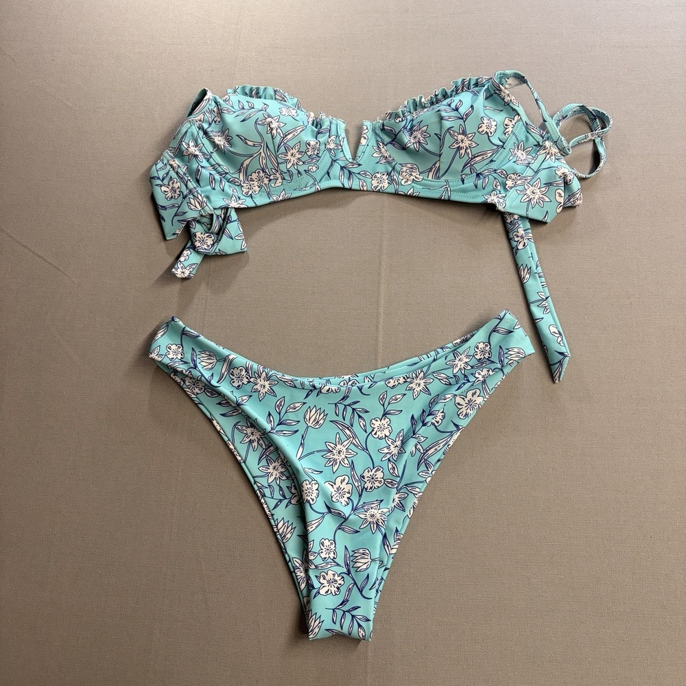 ZAFUL Womens Floral Bikini Set Size 4 Blue White 2 Piece Swimsuit Cheeky Cut